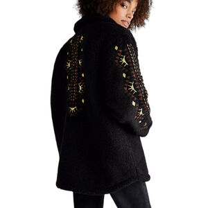 Driftwood Sheeba Cozy Shacket Faux Sherpa Embroidered Black Brown Size L